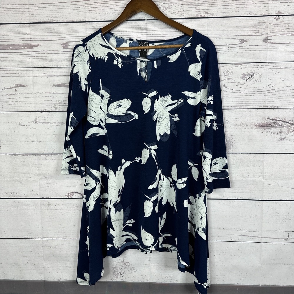 Clara Sun Woo Tunic Womens Small Blue‎ Floral Tropical Vacation Beach Costal